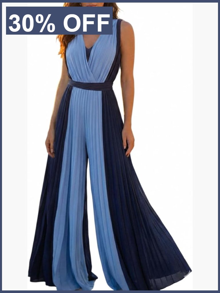 Sleeveless Color-Blocked V-Neck Jumpsuit With Waist Tie
